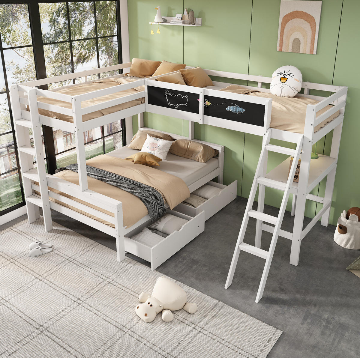 KINDERBETT aus Massivholz 140x200/90x200 cm in Weiß mit Schreibtisch - Weiß, Holz (90/200cm) - Modfu