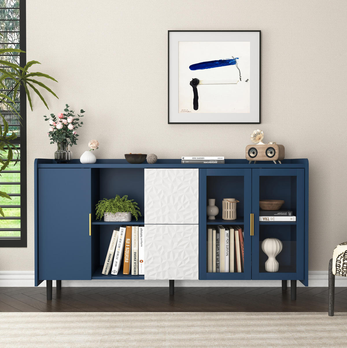SIDEBOARD mit Glastüren, 2 Schubladen und offenen Fächern, vielseitiger Stauraum, Blau - Blau, Holzwerkstoff (150/80/40cm) - Redom