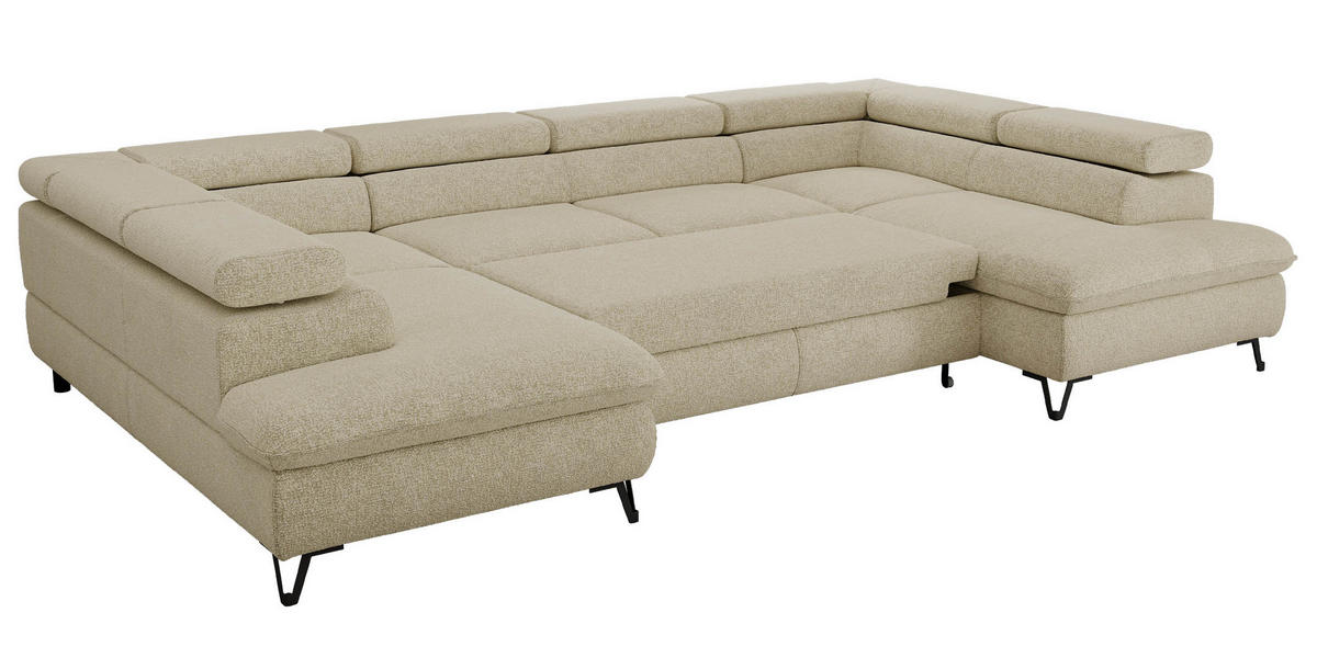 WOHNLANDSCHAFT PABLO U Strukture Creme mit Topper Visco - Creme/Schwarz, Textil/Metall (346/76/208cm) - MKS