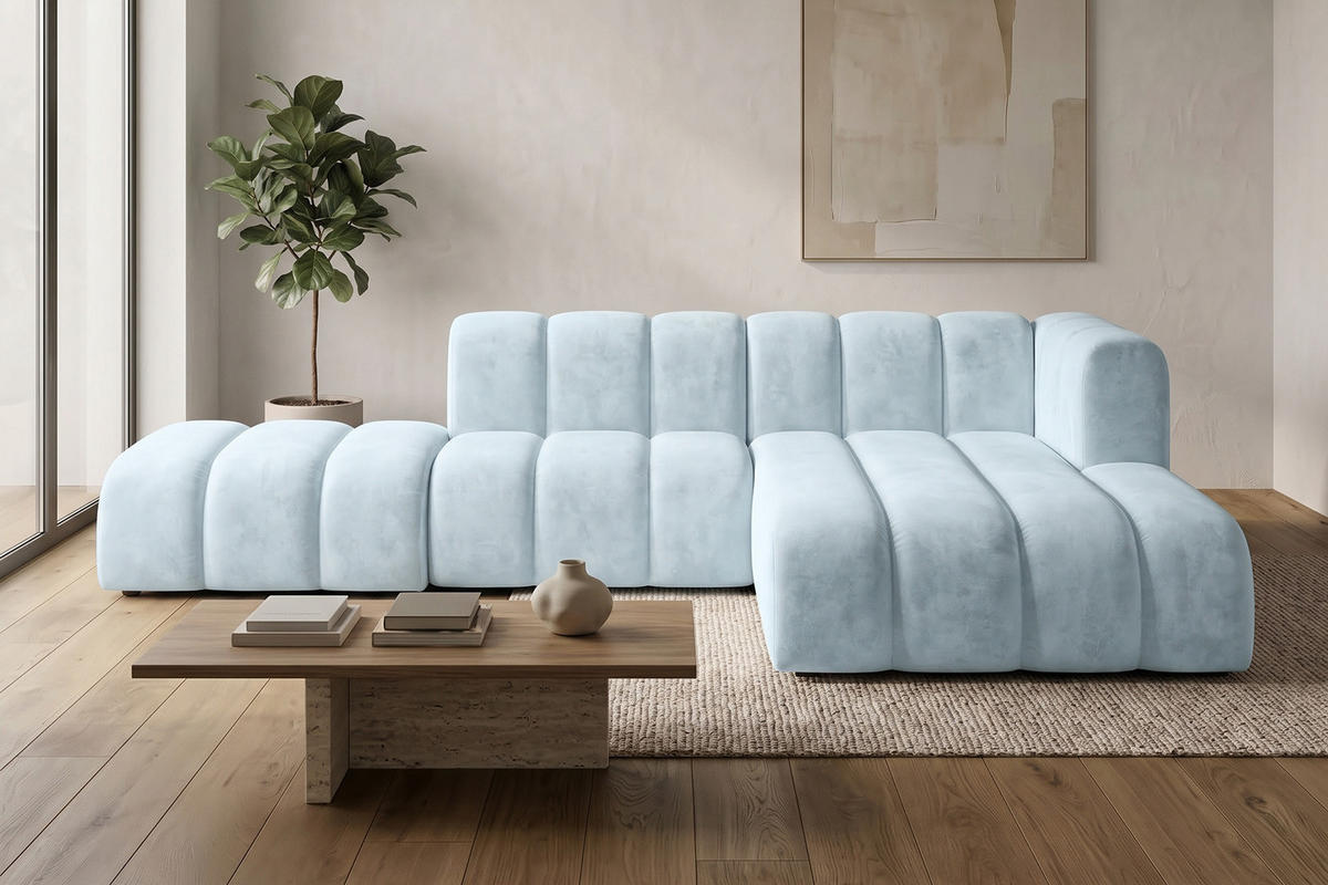 ECKSOFA Modulares In L-Form Mit Hocker, Velvet-Stoff Riviera, Babyblau, Rechts, GRAND Mini - Hellblau, Holz (295/179cm) - Kaiser Möbel