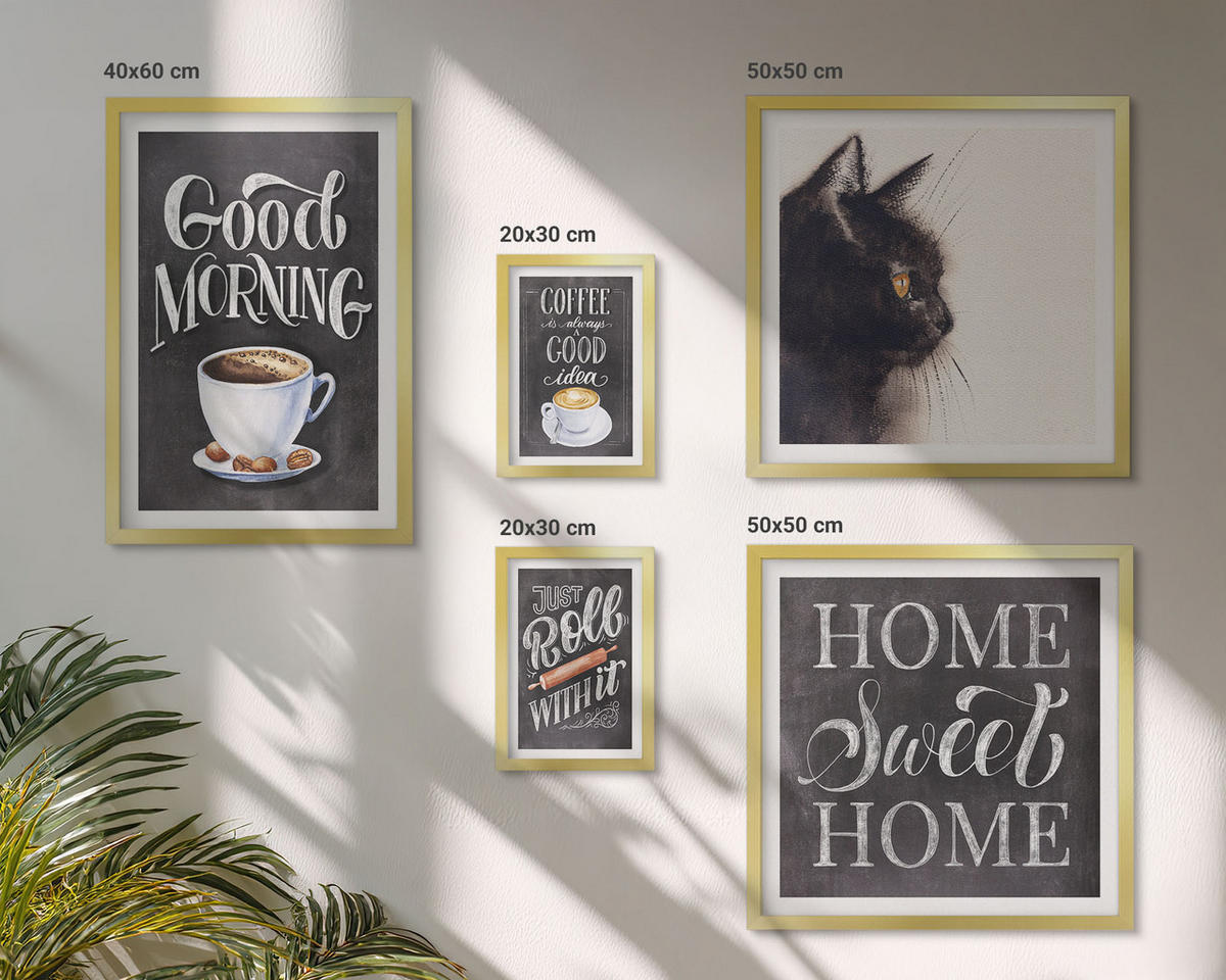 BILDER SET 5er Set - 50x50 cm & 20x30 cm & 40x60 cm Goldrahmen - Hausküchenthemen Katze - Goldfarben, Kunststoff (40/60cm) - TULUP