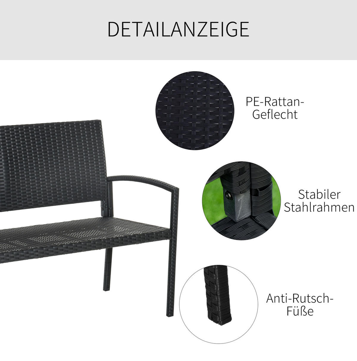 ZAHRADNÍ lavice 122/60/87 cm černá z oceli a polyratanu pro 2 osoby - černá, kov (60/85/122cm) - OKWISH