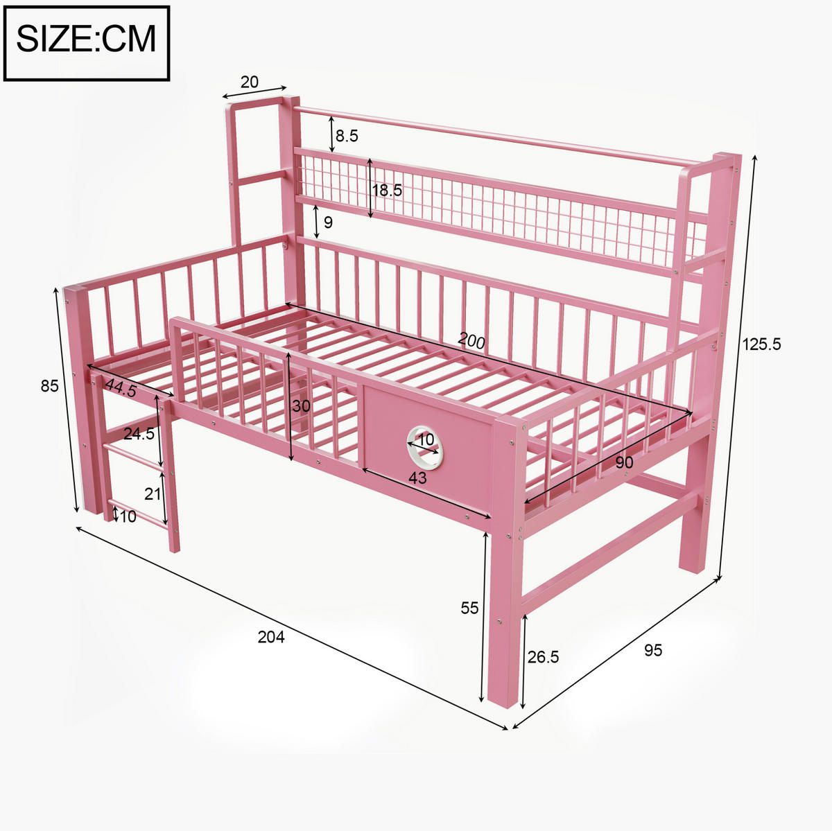 NIEDRIGES Hochbett 90/200 cm Rosa aus MDF und Metall mit Stauraum - Pink, Metall (90/200cm) - OKMYHOME