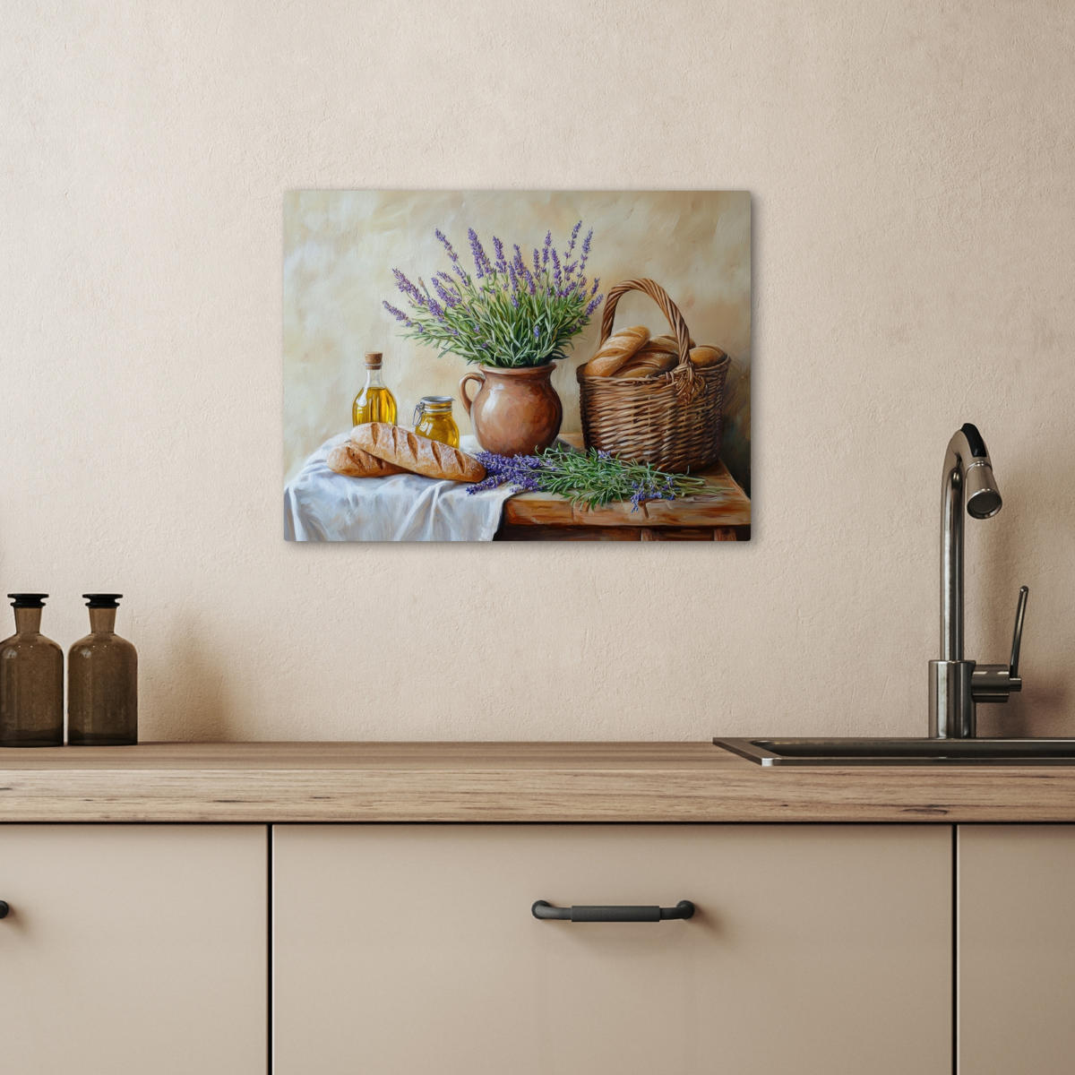 LEINWANDBILD Lavendel - Brot - Stilleben 40x30 cm - Flieder, Textil (40/30cm) - MuchoWow