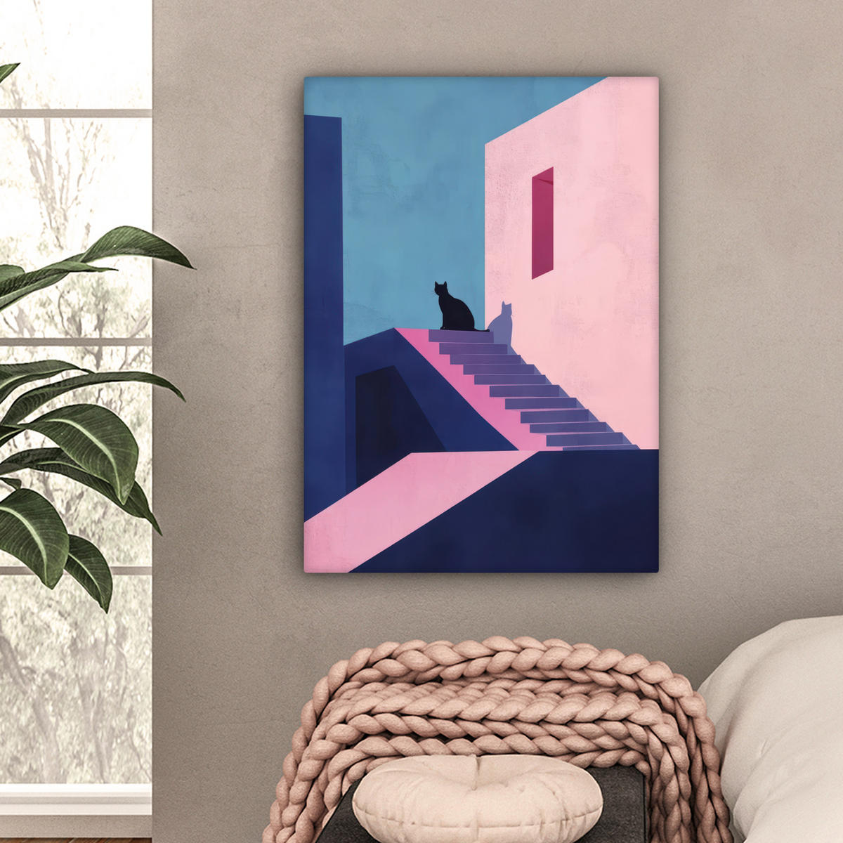 LEINWANDBILD Katze - Treppe - Gebäude - Schattenkontraste Wandbild Wohnzimmer 60x80 cm - Dunkelblau, Textil (60/80cm) - MuchoWow