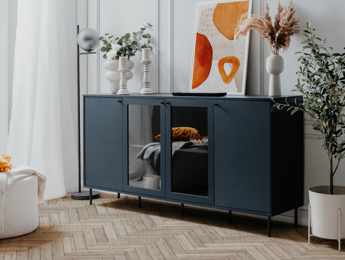 SIDEBOARD blau 180 cm, Kommode 4-türig mit viel Stauraum - Blau/Schwarz, Glas/Holzwerkstoff (180/90/40cm) - Furn.Design