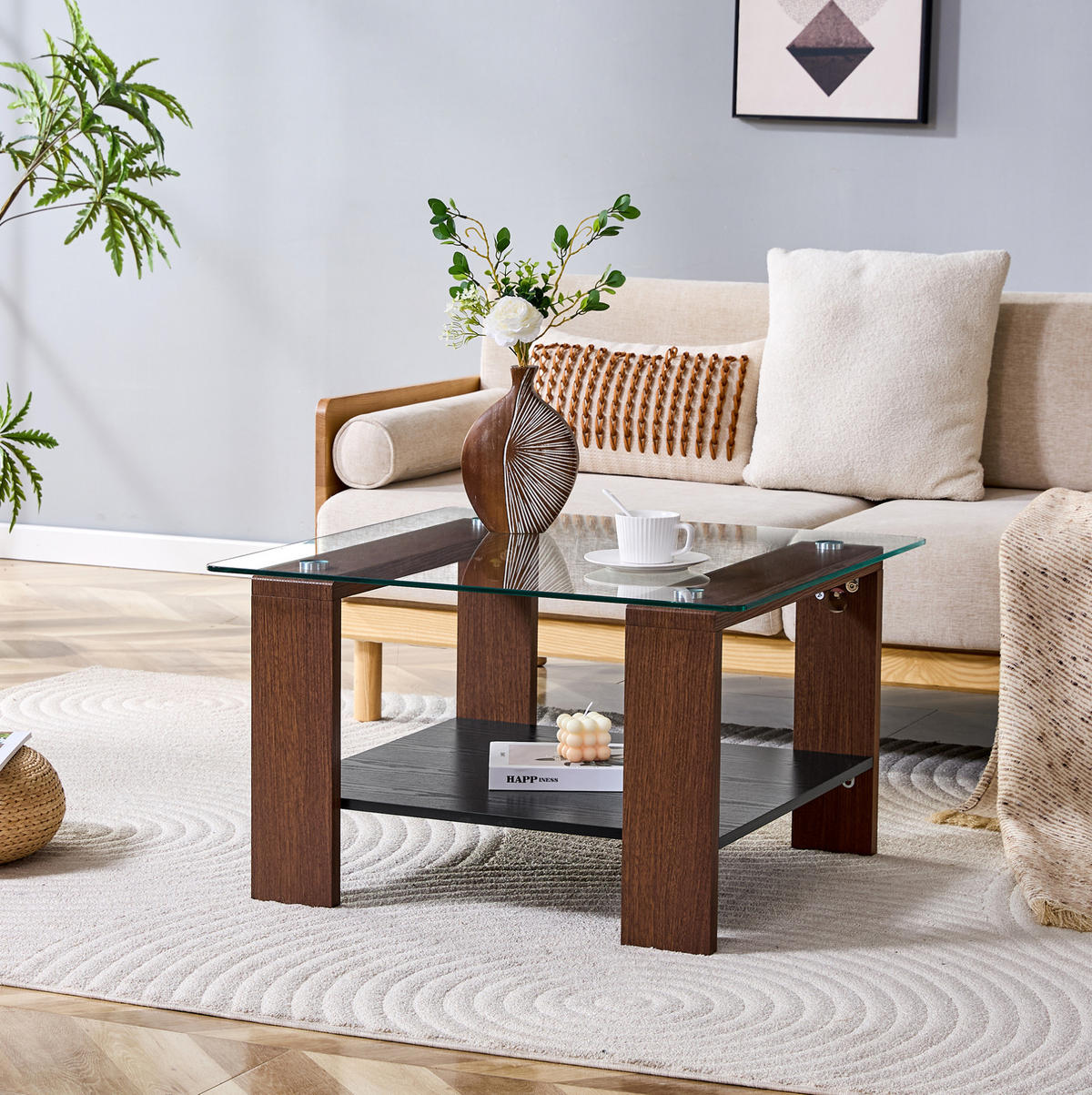 COUCHTISCH 65/41/45,5 cm mit Hartglasplatte und Ablagefach, modern und platzsparend, Walnuss/Schwarz - Walnussfarben, Holzwerkstoff (75/75/45.5cm) - Redom