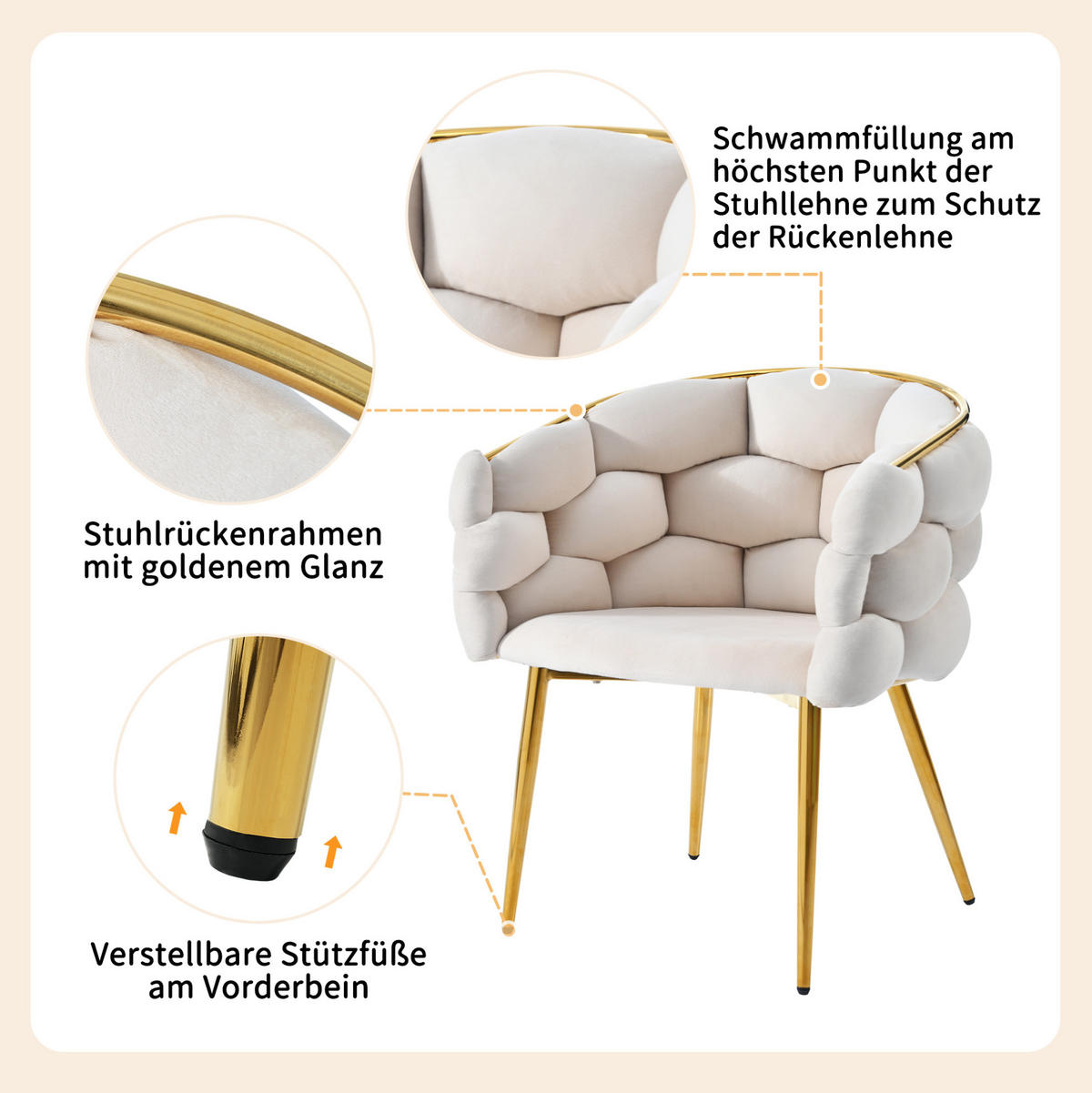 ESSZIMMERSTUHL 2er-Set 44 x 41 x 74 cm Samt Beige - Beige, Metall (41/74/44cm) - Meubliv