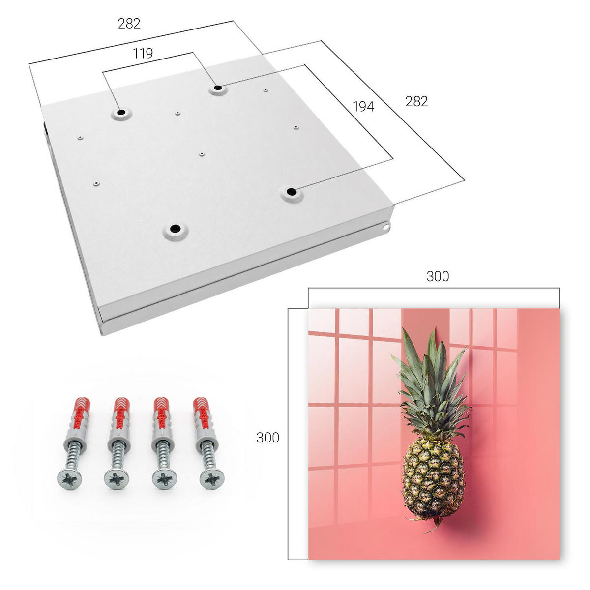 SCHLÜSSELBOX Weiß 30x30 cm – Türöffnung nach rechts - Exotische Ananas - Pink, Metall (30/30/5cm) - TULUP