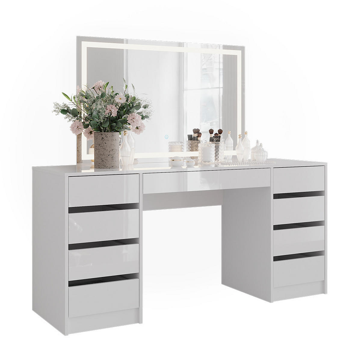 SCHMINKTISCH Sherry Weiß/Weiß Hochglanz 158.2 cm mit LED-Spiegel - Weiß Hochglanz, Holzwerkstoff (158.2/76/50.1cm) - Vicco