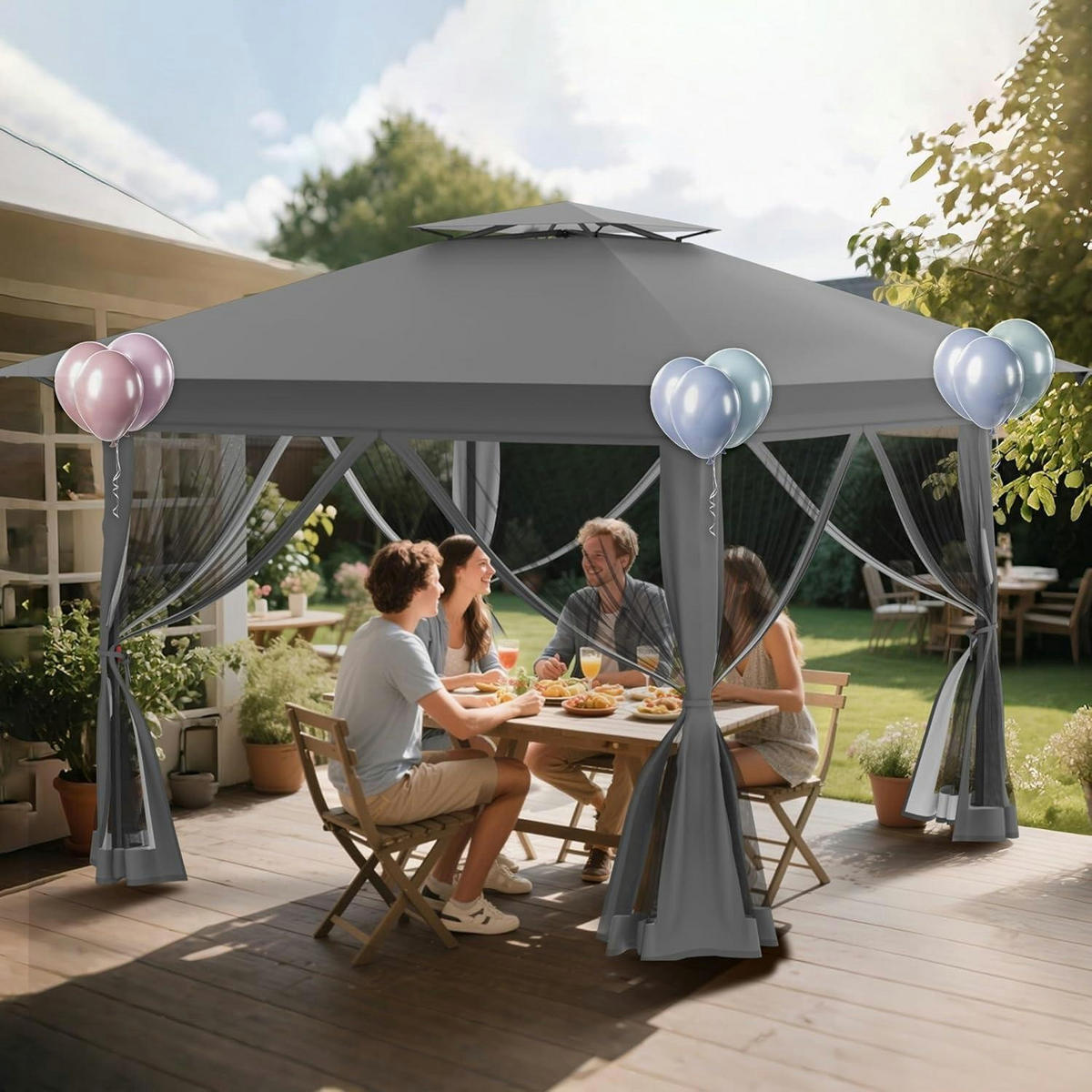 GARTENPAVILLON Pop Up 4x4m Grau mit Moskitonetz - Grau, Metall (400/285/400cm)