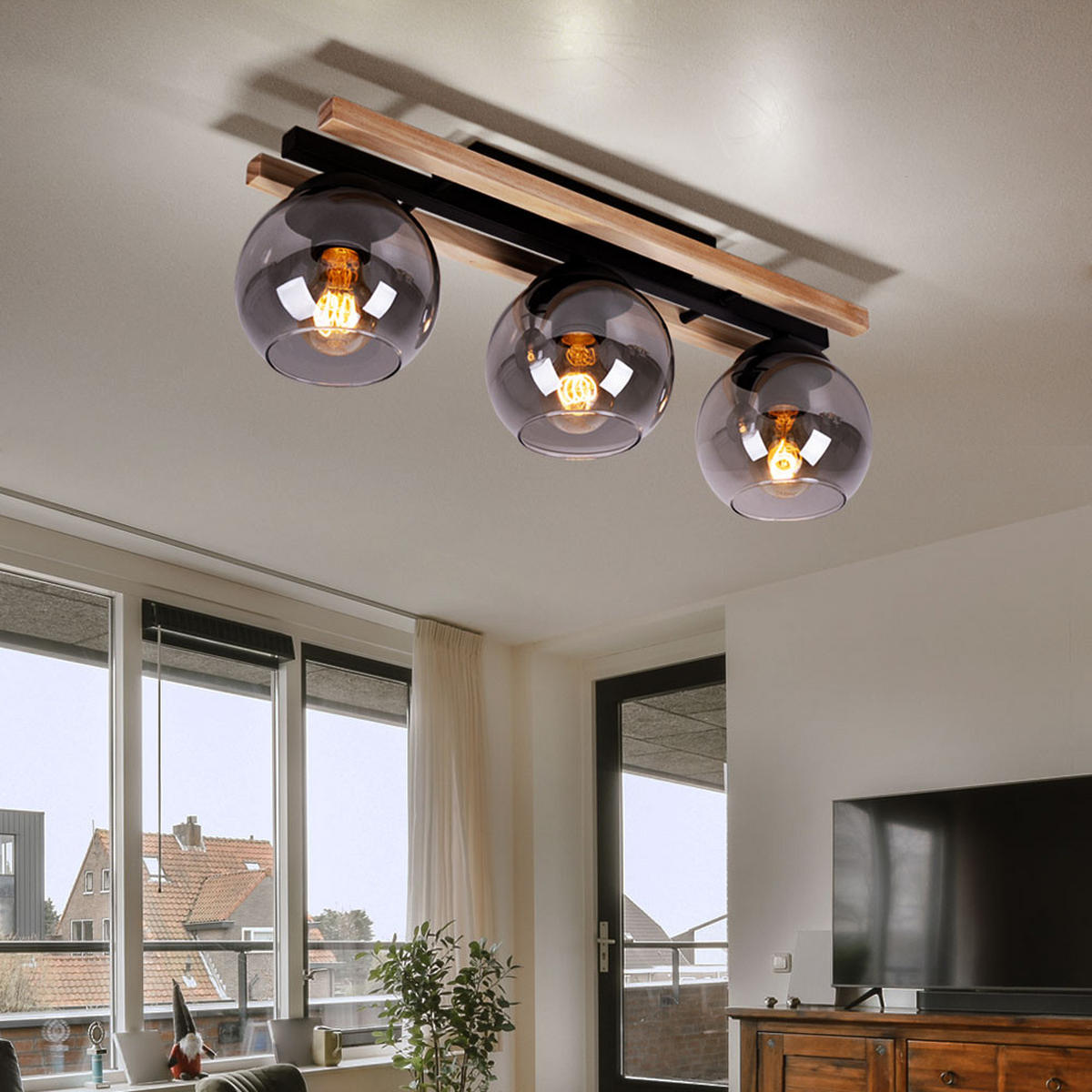 LED DECKENLEUCHTE Conni Braun Holz Glas Rauch - Braun, Glas (60/15/20.5cm) - Globo Lighting