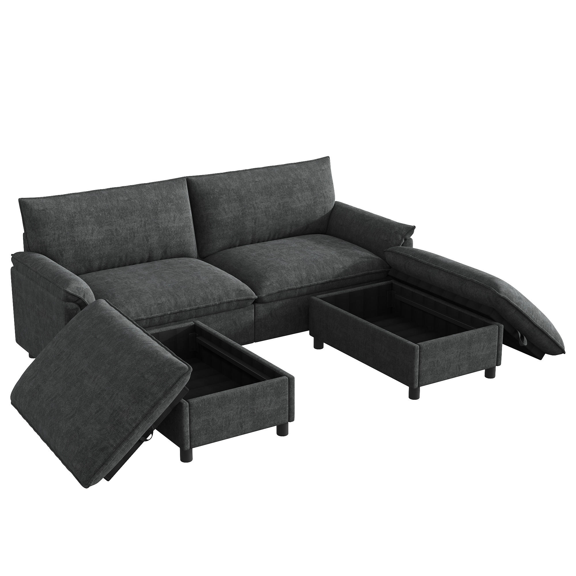 ECKSOFA Chenille Schwarz mit Hocker, Stauraum und Schlaffunktion - Schwarz, Holzwerkstoff/Kunststoff (216/77cm) - WISHDOR
