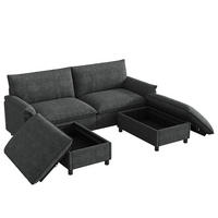 ECKSOFA Chenille Schwarz mit Hocker, Stauraum und Schlaffunktion - Schwarz, Holzwerkstoff/Kunststoff (216/77cm) - WISHDOR
