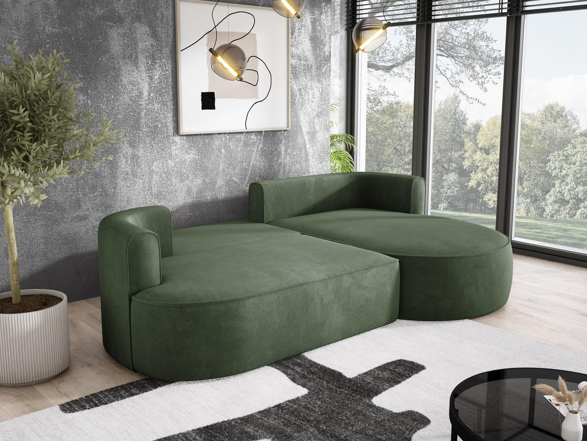 ECKSOFA FIORE-L Moderne Ausziehbare Schlaf-Funktion, automatischer Auffaltung, lose Rückenkissen freistehend RECHTS 284x183x82 cm Forest green - Waldgrün, Holz/Textil (284/183cm) - DomoHome