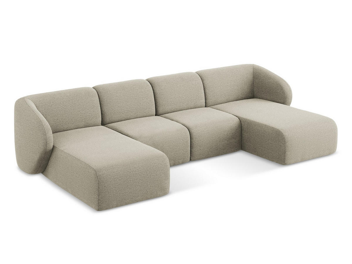 WOHNLANDSCHAFT Bouclé Stoff Grau - Taupe/Schwarz, Holzwerkstoff/Kunststoff (370/74/170cm) - Makamii
