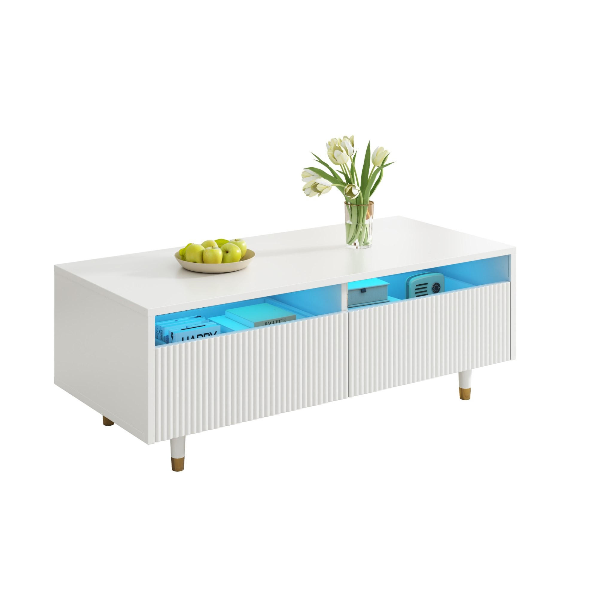 KONFERENČNÍ stolek z MDF, 110/50/40 cm bílý, se 2 zásuvkami a LED osvětlením - bílá, kompozitní dřevo (110/50/40cm) - BEAOK
