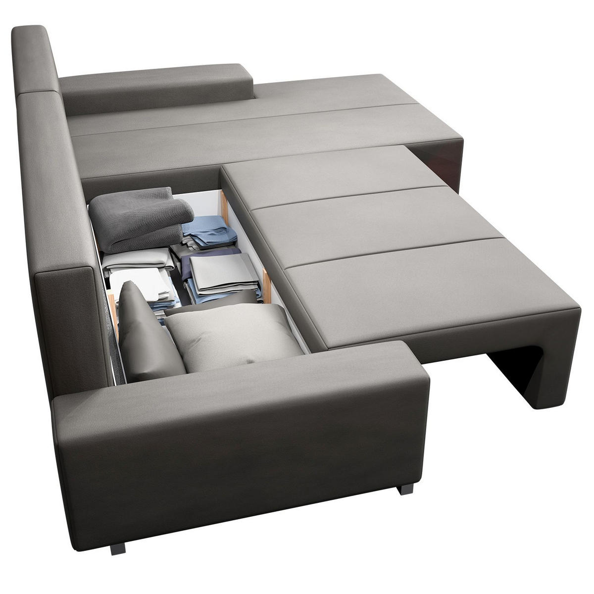 SOFA Davos mit Ottomane rechts hellgrau inkl LED - Hellgrau, Textil (260/180cm) - Juskys