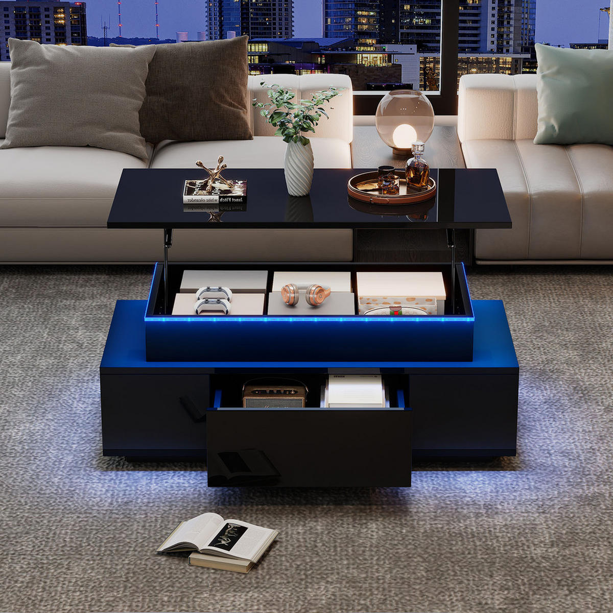 COUCHTISCH 96x45cm Schwarz Hochglanz Höhenverstellbar LED Schublade - Schwarz, Holz (109.86/57.15/17.78cm) - FLIEKS