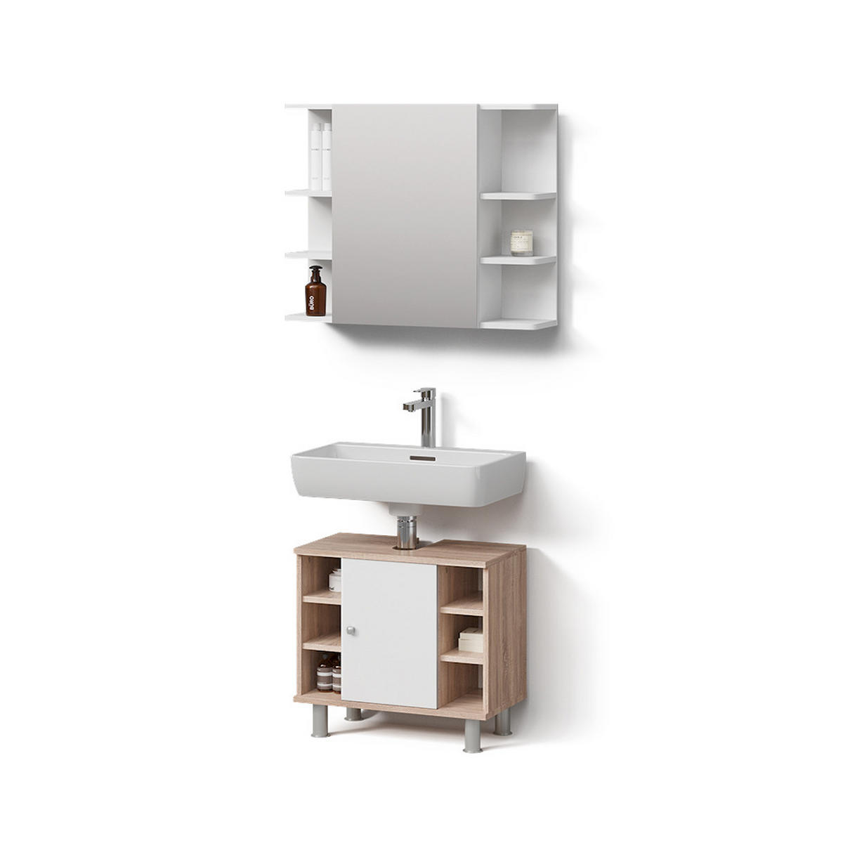 BADMÖBEL-SET Fucino Sonoma 2 Teile - Weiß/Sonoma Eiche, Holzwerkstoff (60/54/32cm) - Livinity®