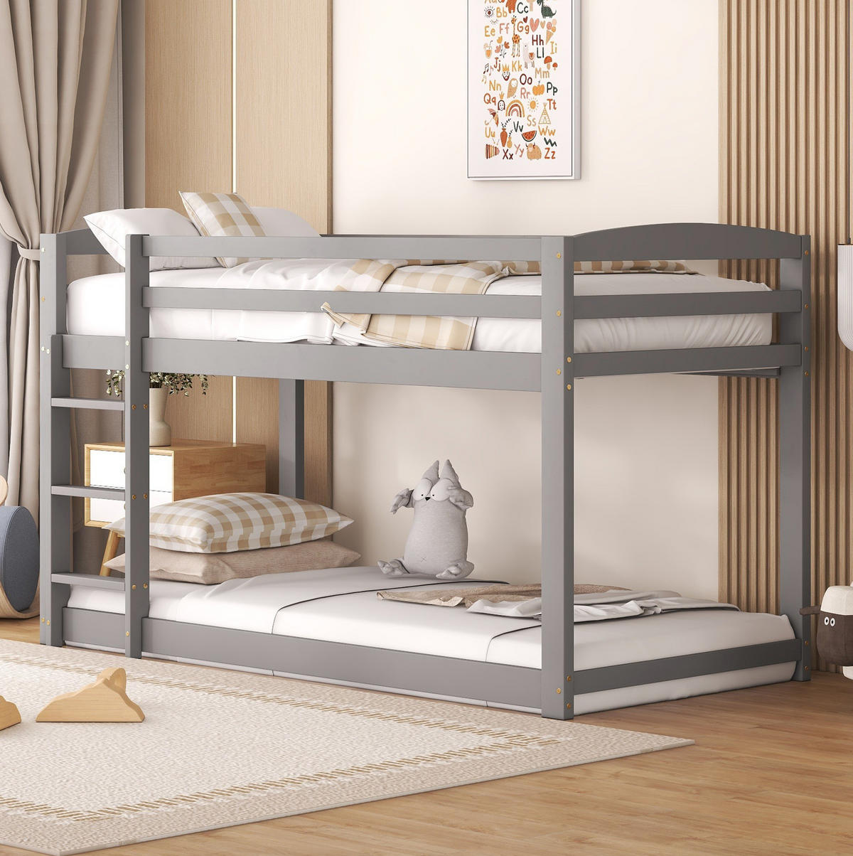 ETAGENBETT 90/200 cm Grau aus massiver Kiefer mit stabilem Geländer - Grau, Holz (90/200cm) - OKWISH