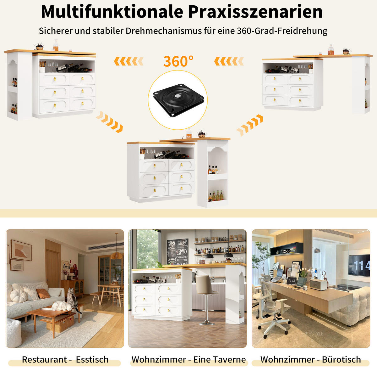 BARTISCH 137-203/39/90 cm in Weiß mit Stauraum und 360° Drehfunktion - Weiß, Holzwerkstoff (39/203/92cm) - BEAOK