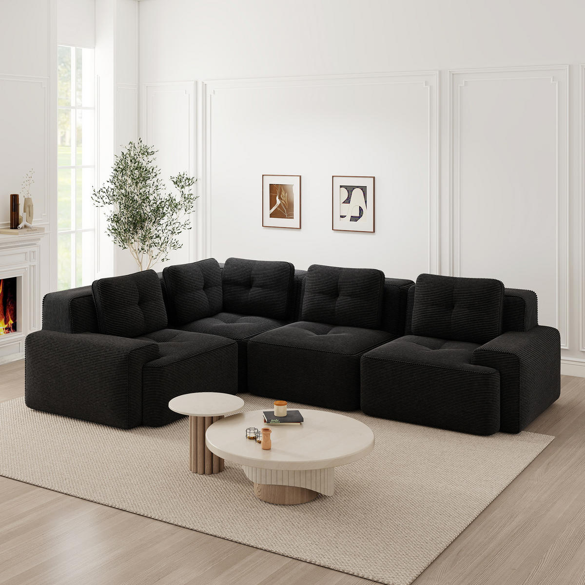 4-SITZER Sofa 382x104x69 cm aus Cordstoff rahmenlos modular, schwarz - Schwarz, Textil (104/69/382cm) - Luhomfu