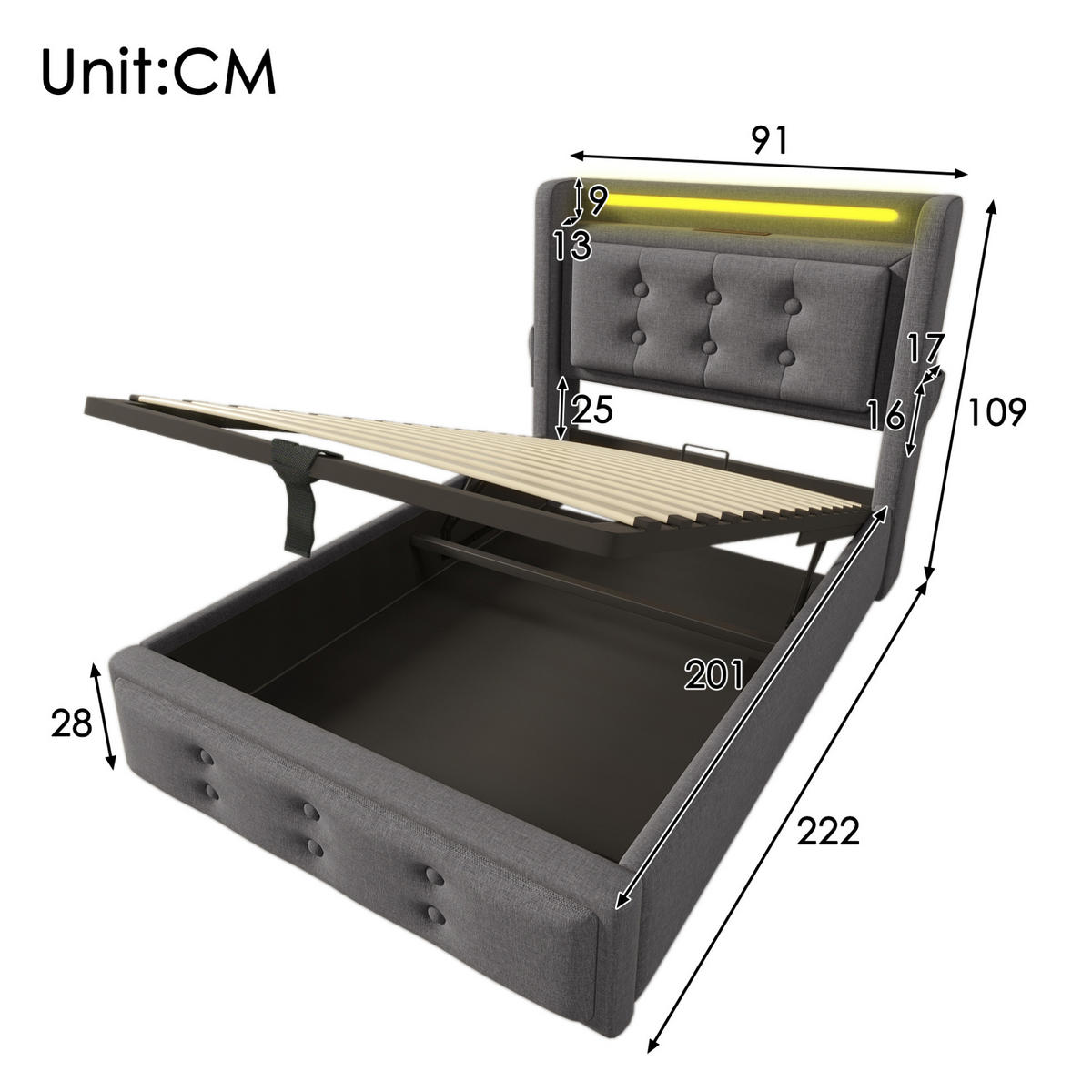 POLSTERBETT 90/200 cm Grau mit LED, Bettkasten und USB- und Type-C-Anschlüssen - Grau, Textil (90/200cm) - Flora Grace