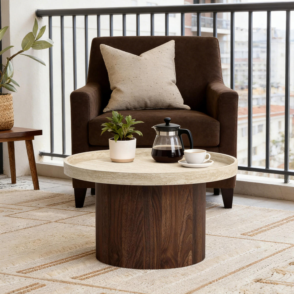 RUNDER Couchtisch mit Tablettplatte und braunem Gestell,Holzoptik | Ø60 x H34 cm - Braun, Holzwerkstoff (60/60/34cm) - Hometopia