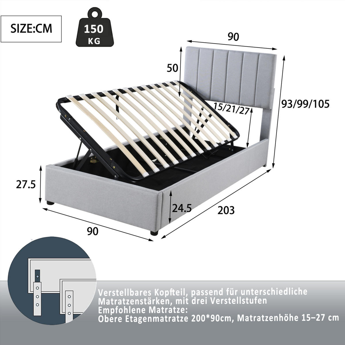 POLSTERBETT 90×200 cm mit bettkasten, hydraulisches stauraumbett, kinderbett mit hohes leinen-kastenbett, grau - Grau, Holz/Metall (90/200cm) - GENKI LIVING