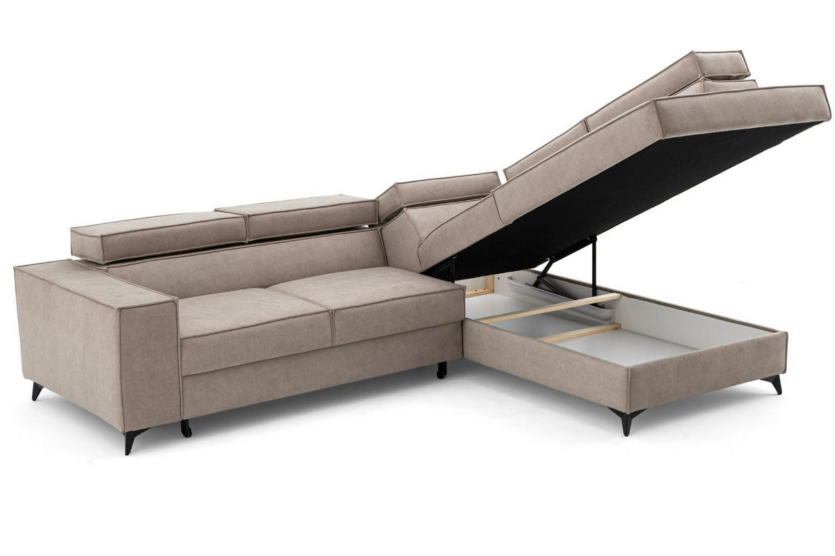 ECKSOFA PURE L Rechts mit Schlaffunktion 127x199 Velours Hellgrau - Hellgrau/Schwarz, Holz/Textil (204/281cm) - Muffo