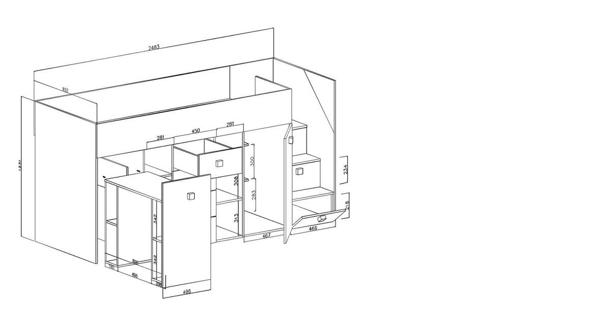 HOCHBETT Toledo weiß / weiß Hochglanz - Griffe schwarz 248,5 / 93 / 123cm - Schwarz/Weiß, Holz/Holzwerkstoff (90/200cm) - Feldmann-Wohnen