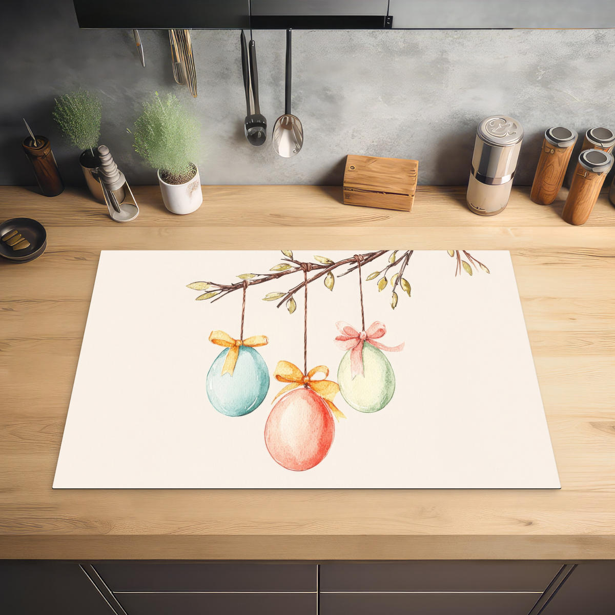 HERDABDECKPLATTE Osterkuchen - Schleife - Eier Ceranfeldabdeckung 76x51.5 cm - Creme, Kunststoff (76/51.5/0.2cm) - MuchoWow