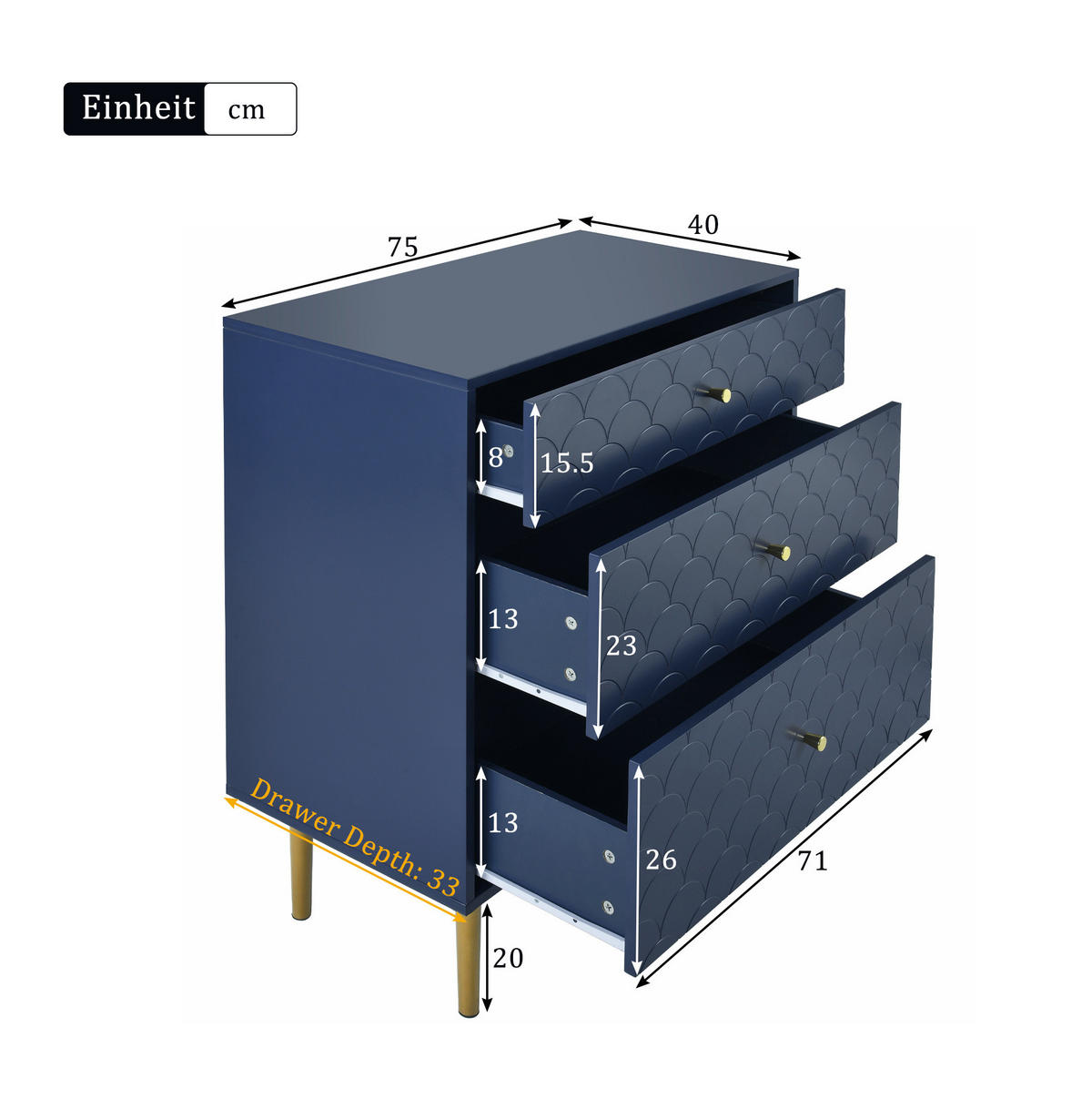 KOMMODE aus Spanplatte und Metall 75x40x89 cm Marineblau mit 3 Schubladen - Dunkelblau, Holzwerkstoff (75/89/40cm) - IVMEU