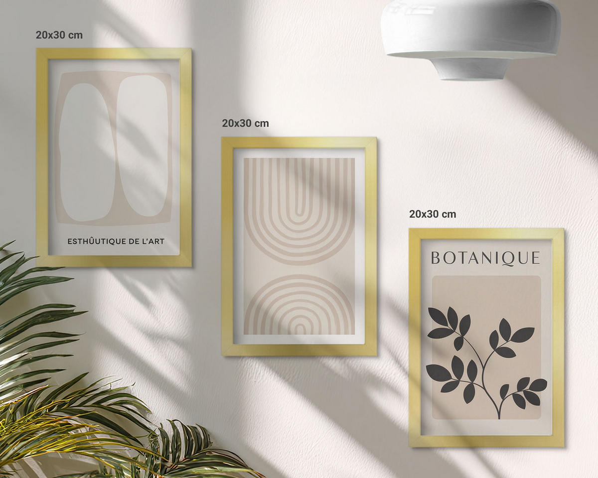 BILDER SET 3er Set - 20x30 cm Goldrahmen - Boho-Pflanzenposter - Goldfarben, Kunststoff (20/30cm) - TULUP