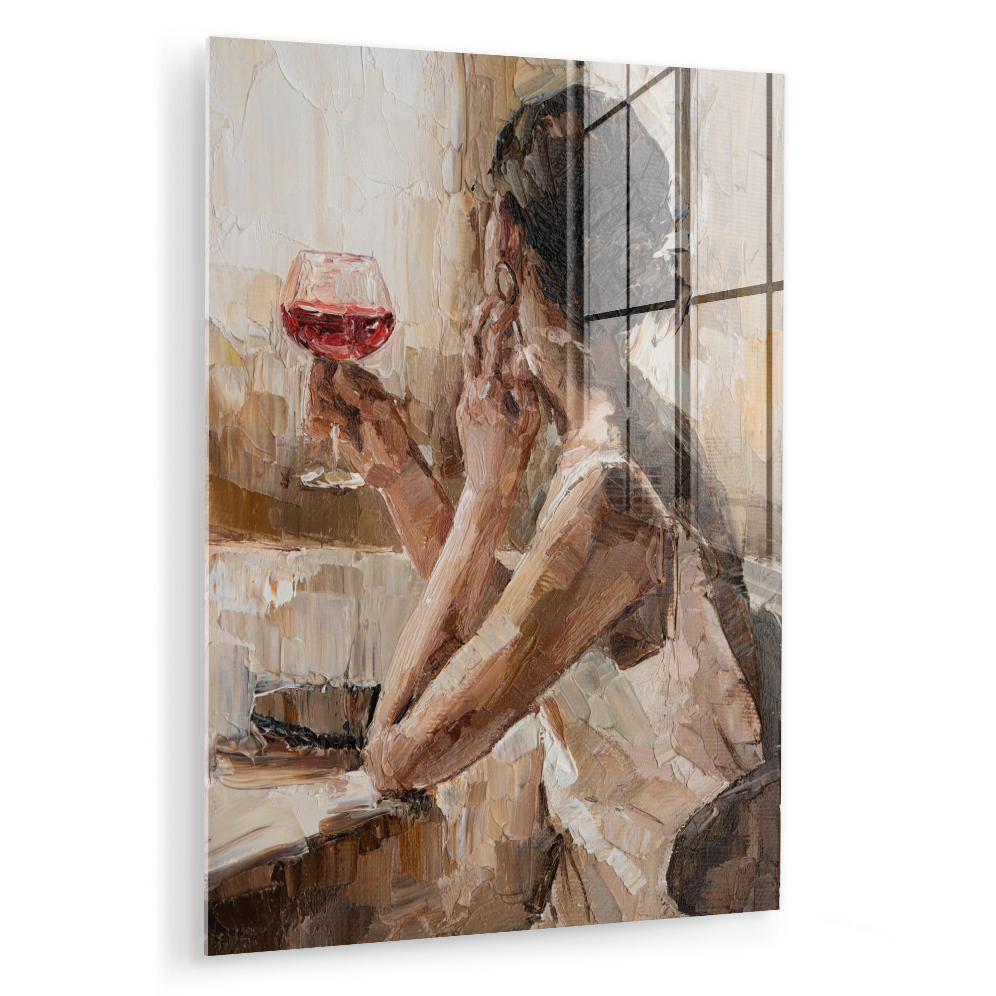 ACRYLGLASBILD Ölgemälde - Frau - Wein 60x80 cm - Hellbraun, Glas (60/80cm) - MuchoWow
