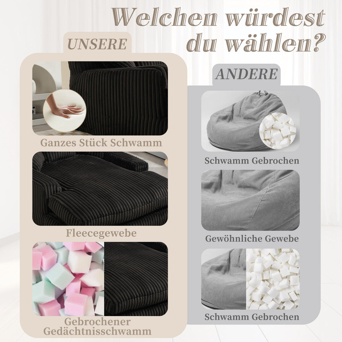 BIGSOFA Chaiselongue Cord mit 3 Kissen bodennah und ohne Montage 125/155/63 cm Schwarz - Schwarz, Textil (63/125/155cm) - Redom