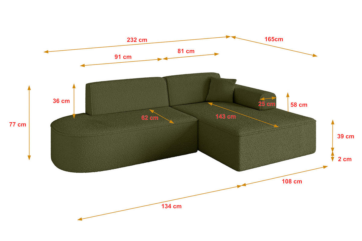 ECKSOFA Ottomane Rechts IREA-L1-v3 - 232x165x77 cm Grün - Platinfarben, Holzwerkstoff/Textil (232/165cm) - ALTDECOR