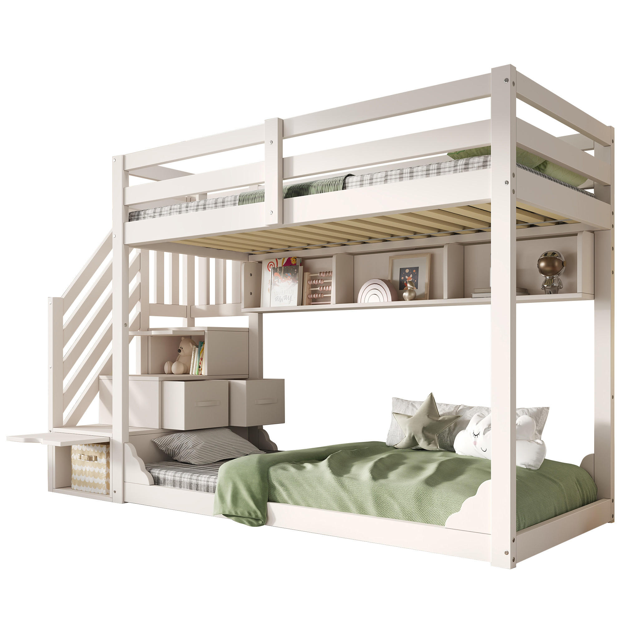 ETAGENBETT 90/200 cm aus Holz mit Treppenschrank, Stauraum und Sicherheitsgeländer, Weiß - Weiß, Holzwerkstoff (90/200cm) - Redom