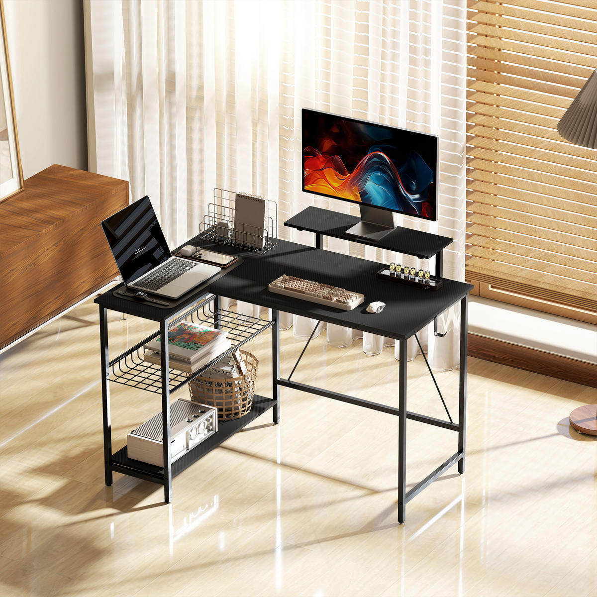 GAMINGTISCH L-Form DE-14931 Schwarz - Schwarz, Holzwerkstoff (114.5/82/91.5cm) - ComfortXL