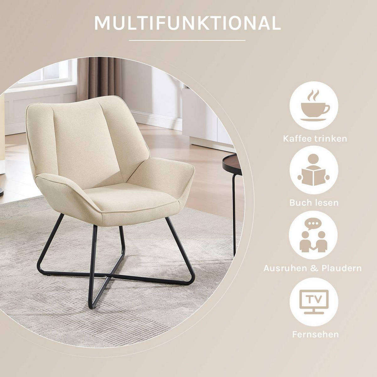 RELAXSESSEL mit Metallrahmen, Leinen, Beige - Beige/Schwarz, Keramik/Textil (71/85/70cm) - Woltu