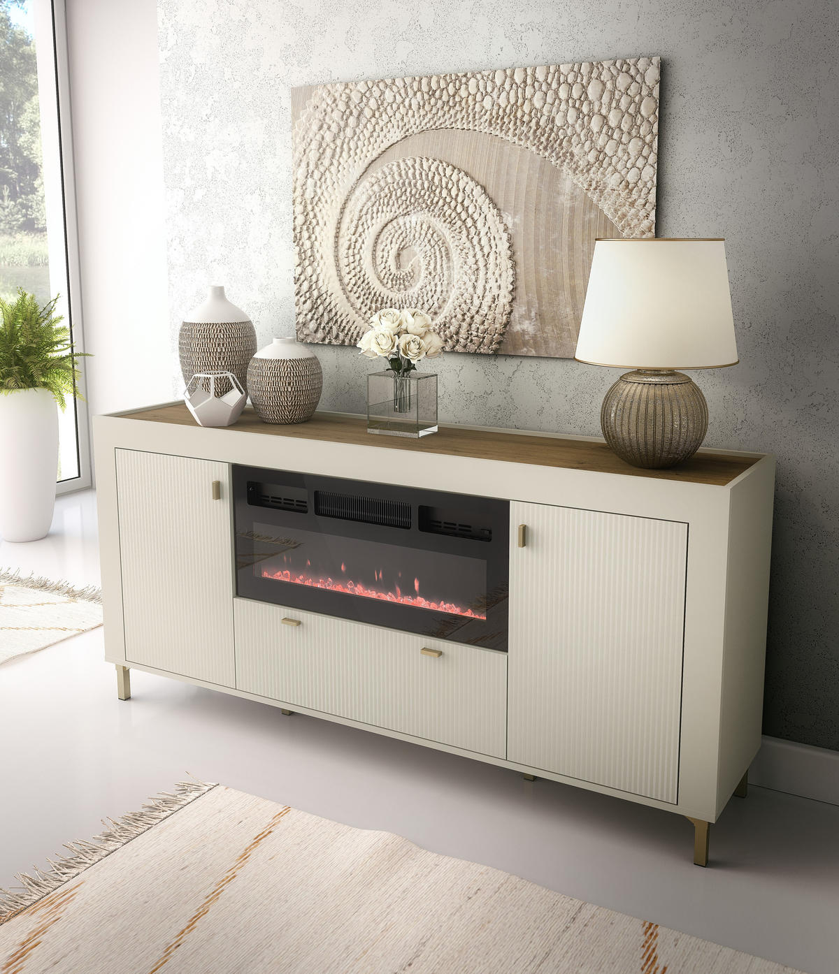 KOMMODE mit Kamin Mossa Kaschmir, Zweitürige Kommode mit Schubladen und LED - Beige/Goldfarben, Holzwerkstoff (177/84/40cm) - Bettso