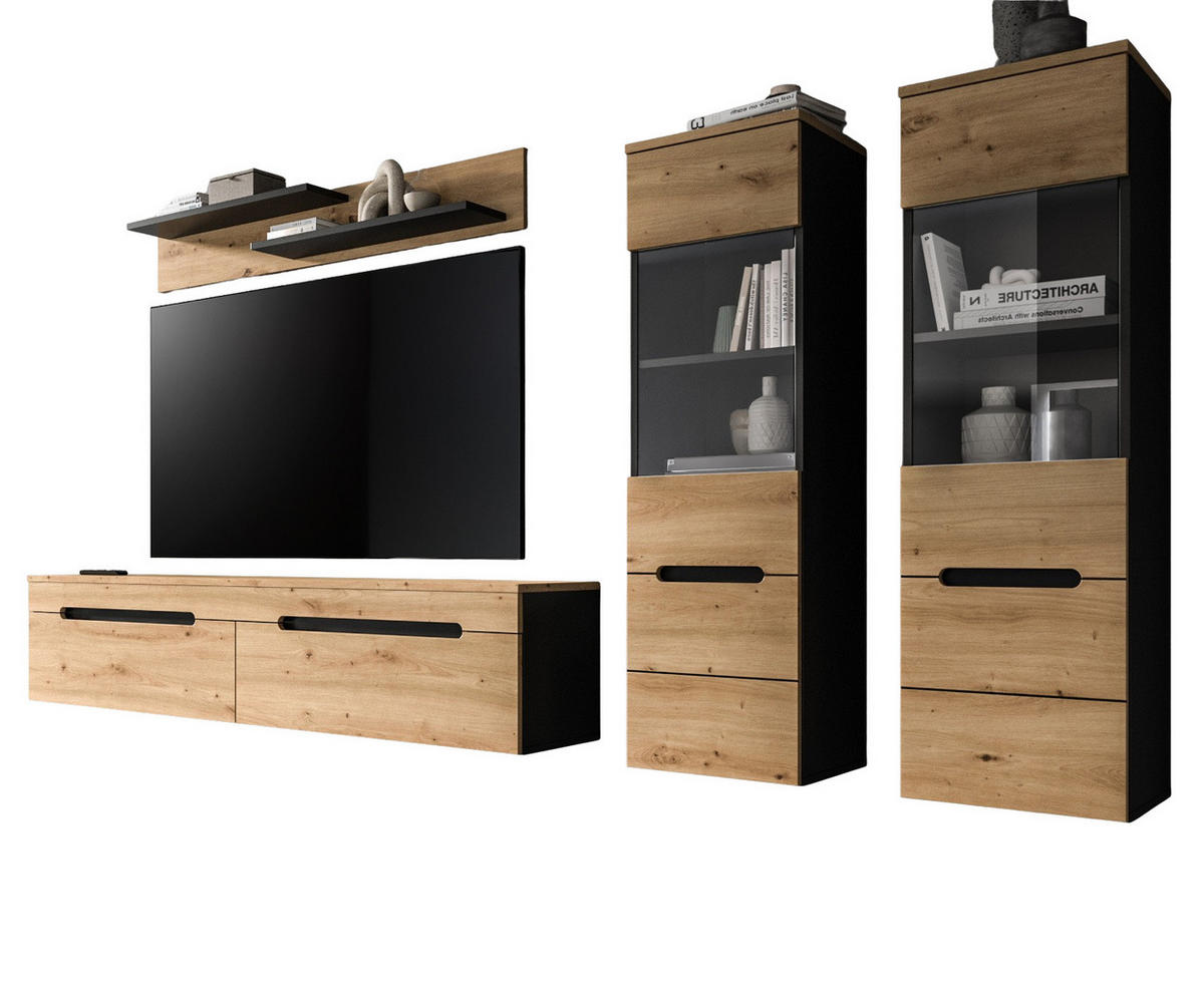 WOHNWAND Artisan Eiche, grau, Set 4-teilig 270 cm hängend oder stehend, Soft-Close, Cooper - Schwarz/Eiche Artisan, Glas/Holzwerkstoff (272/141/33cm)