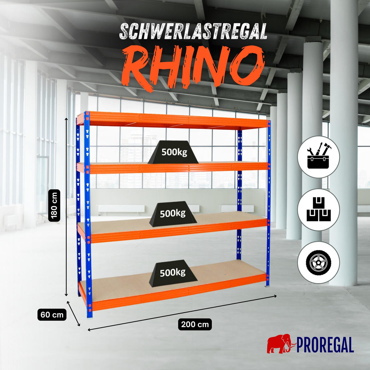 SCHWERLASTREGAL Rhino 180x200x60 cm 4 Spanplatten-Ebenen 8mm Fachlast 500 kg Blau/Orange - Blau/Orange, Metall (200/180/60cm) - PROREGAL