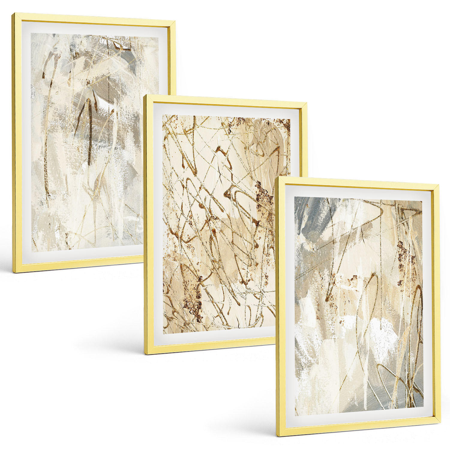 BILDER SET 3er Set - 40x60 cm Goldrahmen - Abstrakte Muster in Beige und Grau - Goldfarben, Kunststoff (40/60cm) - TULUP