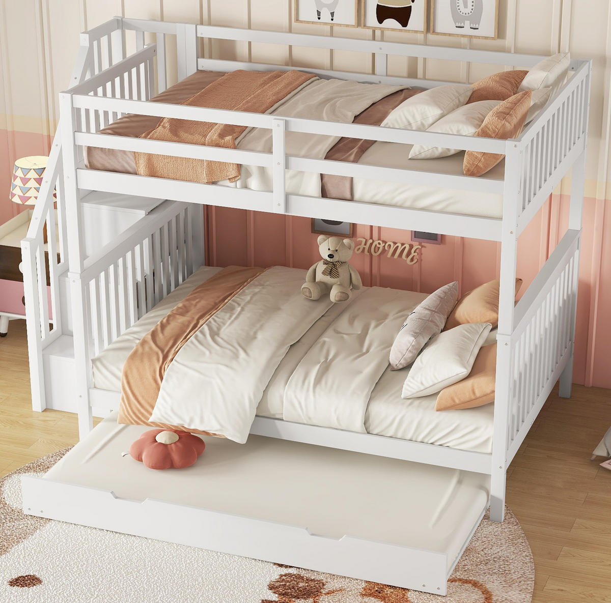 ETAGENBETT 140/200 cm mit Rollbett und Treppenregal in Weiß - Weiß, Holz (140/200cm) - BEAOK
