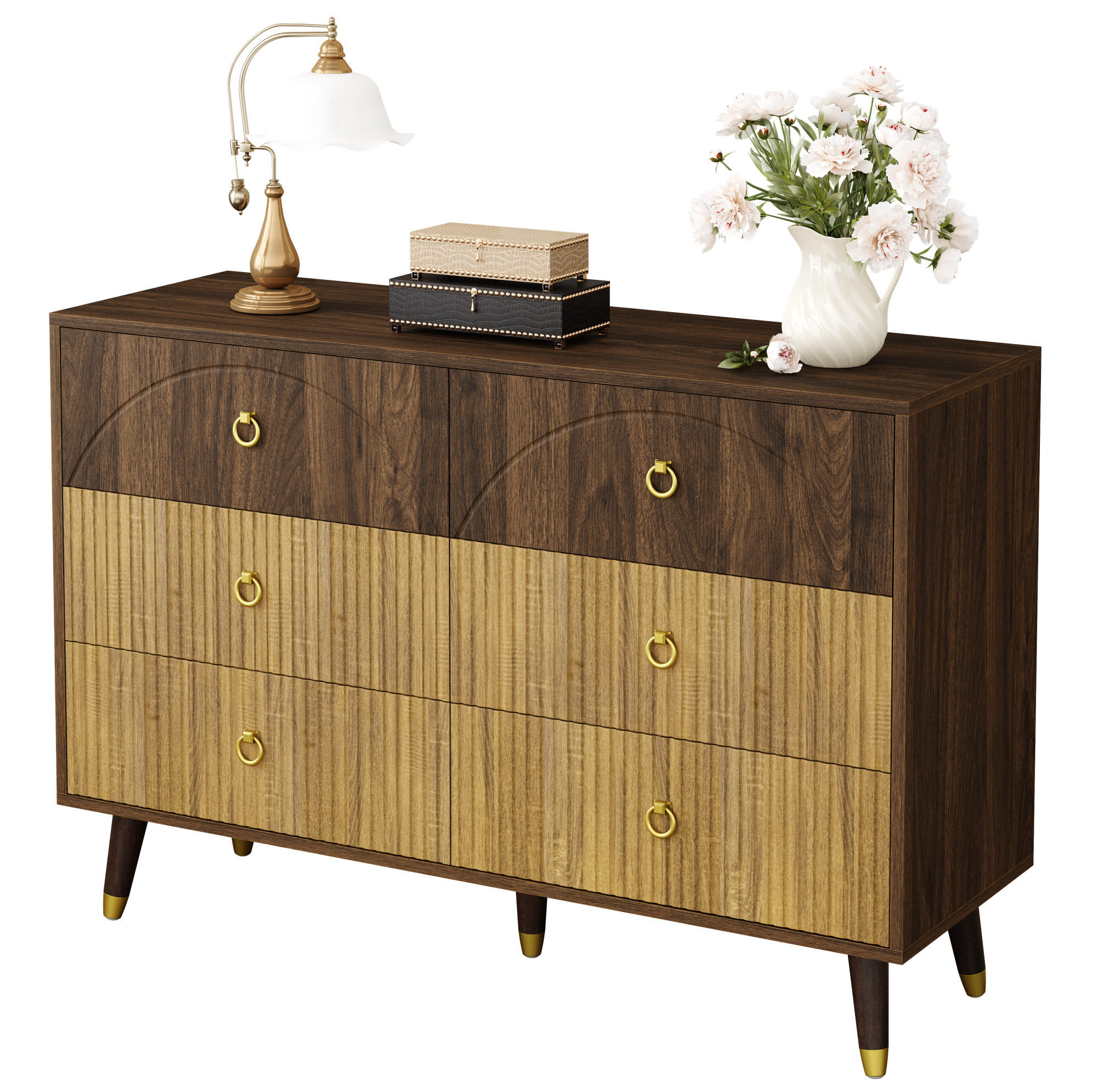 KOMMODEN-SIDEBOARD 120/40/81 cm mit 6 Schubladen im Retro-Look - Naturfarben, Holzwerkstoff (120/81/40cm) - BEAOK