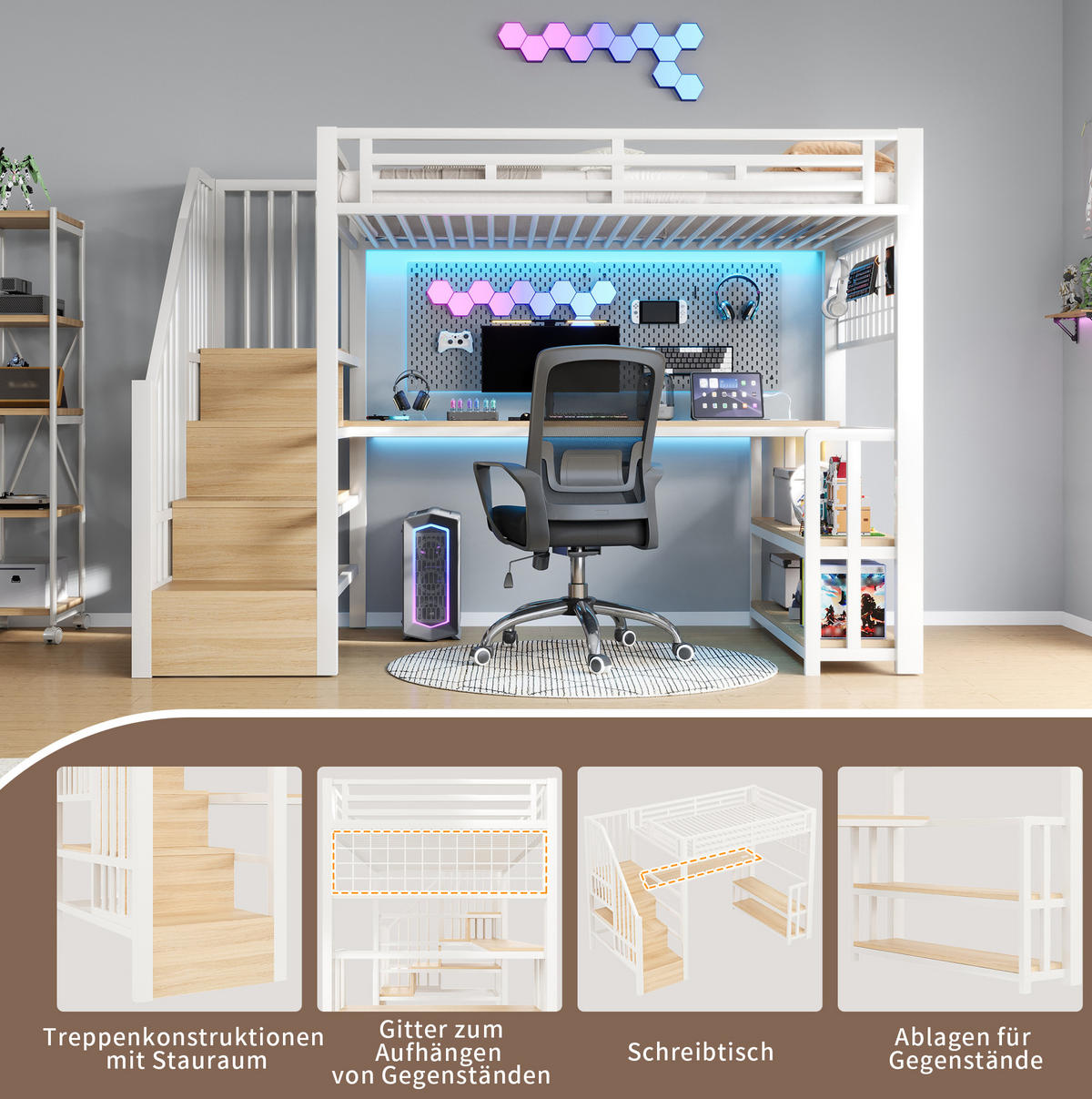HOCHBETT 90/200 cm in Weiß mit Schreibtisch, Stauraumtreppe und LED - Weiß, Metall (90/200cm) - BEAOK