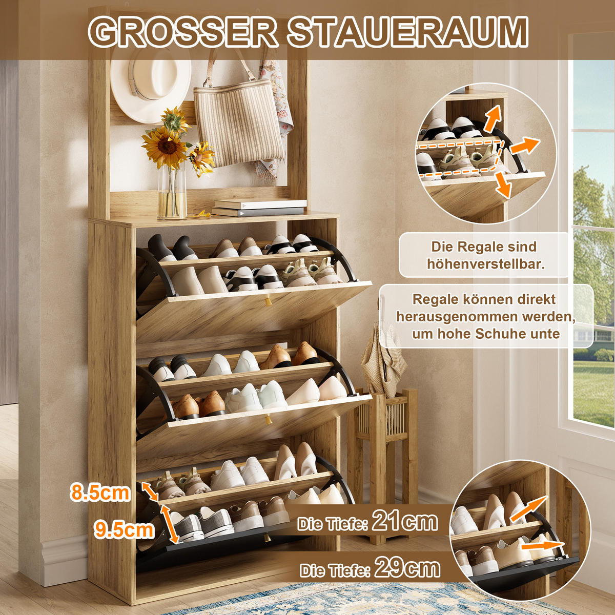 SCHUHSCHRANK Natur Schwarz 3 Klappen Haken 75x24x180cm - Multicolor, Holzwerkstoff (24/180/75cm) - FLIEKS