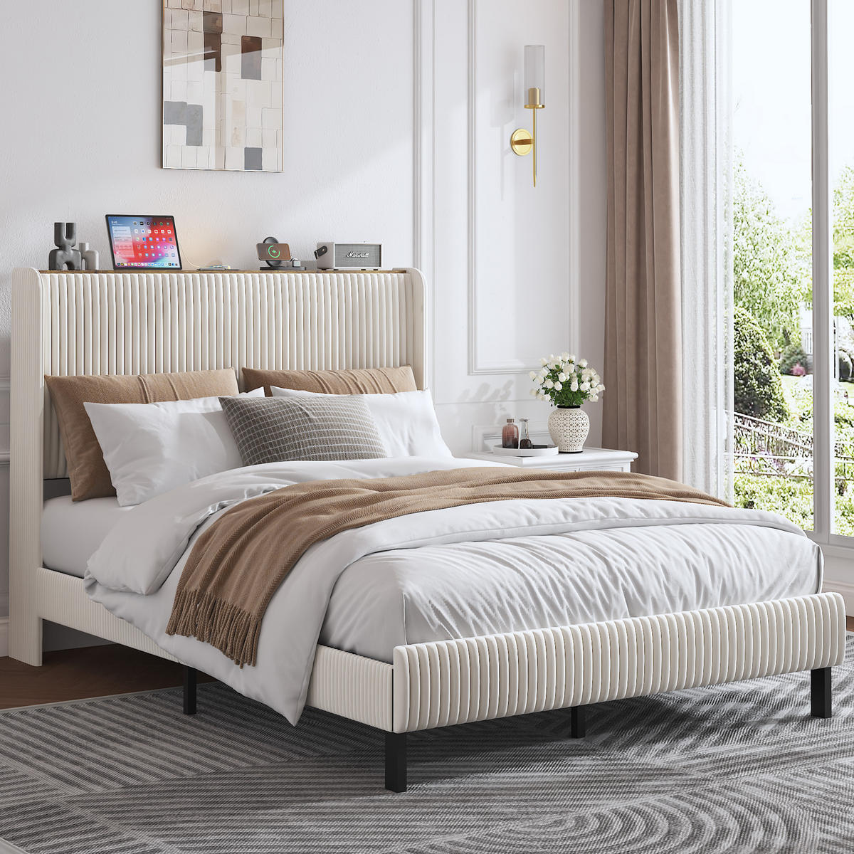POLSTERBETT 140/200 cm in Beige & Creme Cord - Weiß, Holzwerkstoff/Textil (140/200cm) - WISHDOR